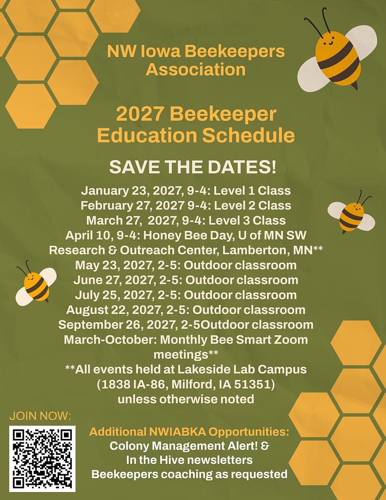 2027 Beekeeper Education Schedule for NWIABKA held Lakeside Lab West Lake Okoboji with online enrollment.